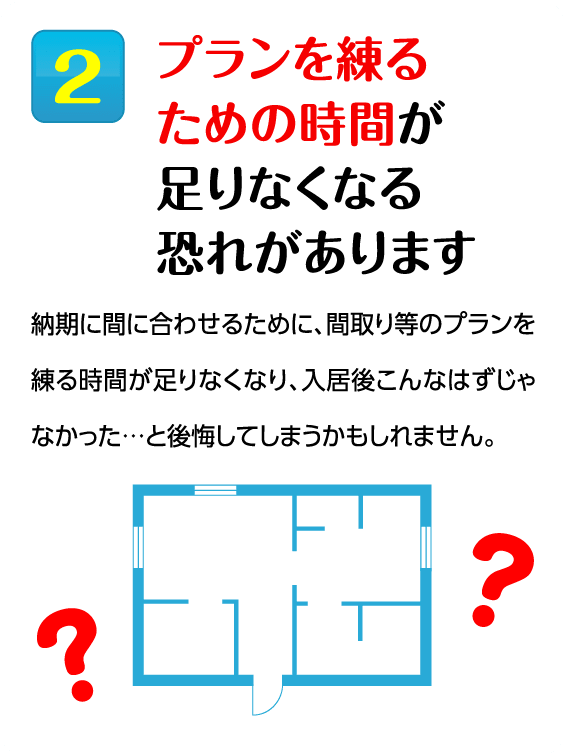 2プランを練るための時間が足りなくなる恐れがあります 納期に間に合わせるために、間取り等のプランを練る時間が足りなくなり、
入居後こんなはずじゃなかった…と後悔してしまうかもしれません。