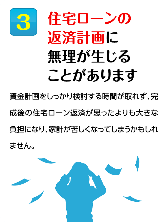 3住宅ローンの返済計画に無理が生じることがあります 資金計画をしっかり検討する時間が取れず、完成後の住宅ローン返済が思ったよりも
大きな負担になり、家計が苦しくなってしまうかもしれません。