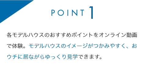 point1 各モデルハウスのおすすめポイントをオンライン動画で体験。モデルハウスのイメージがつかみやすく、おウチに居ながらゆっくり見学できます。